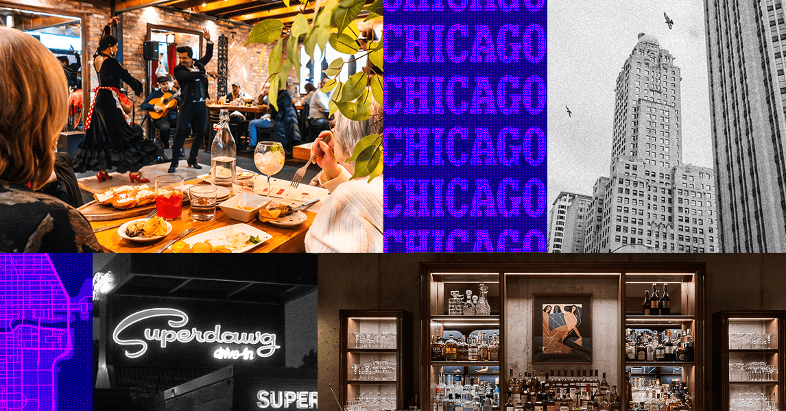 Pemandangan Chicago dengan latar belakang gedung tinggi dan sungai, cocok untuk bisnis